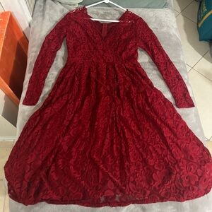 Elegant Red Lace V-Neck Long Sleeve Dress